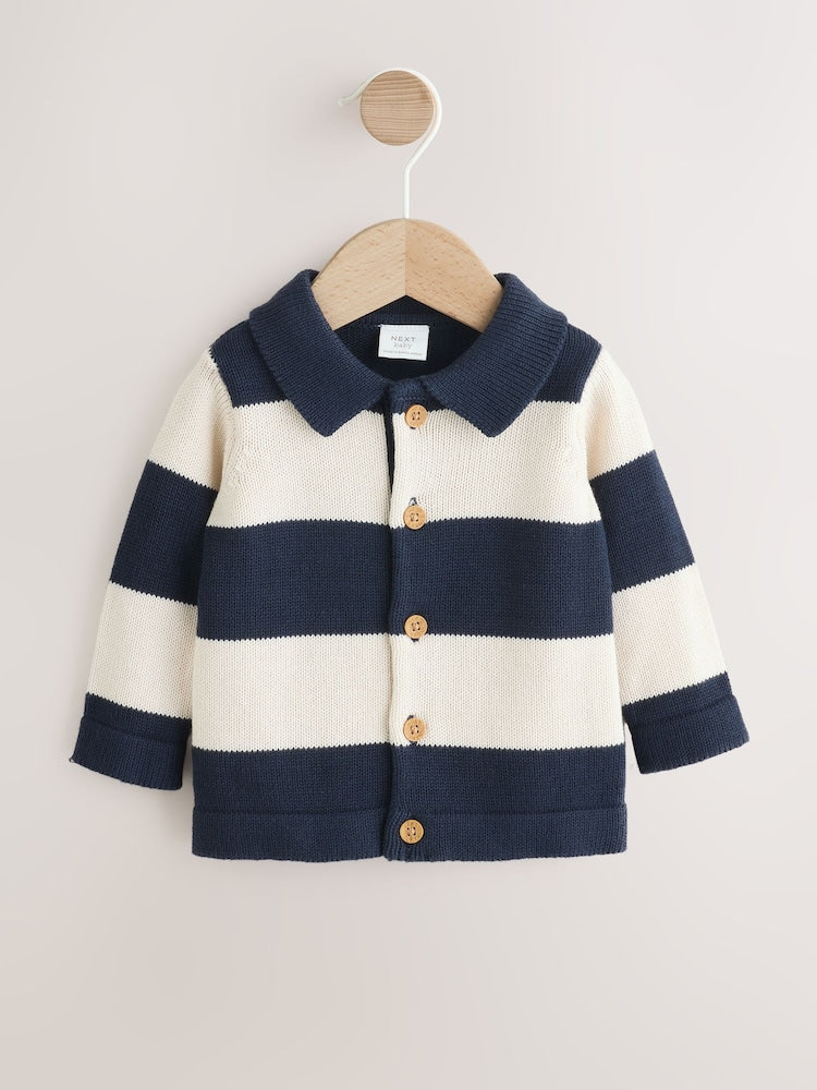 Navy Blue Baby Knitted Striped Cardigan With Collar (0mths-2yrs)