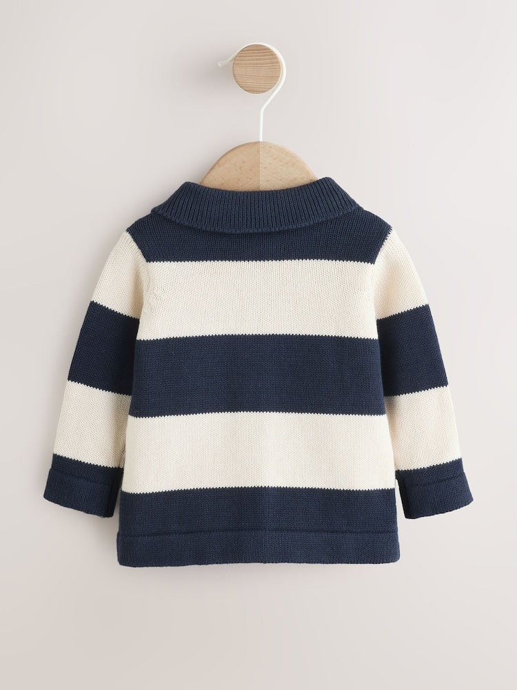Navy Blue Baby Knitted Striped Cardigan With Collar (0mths-2yrs)
