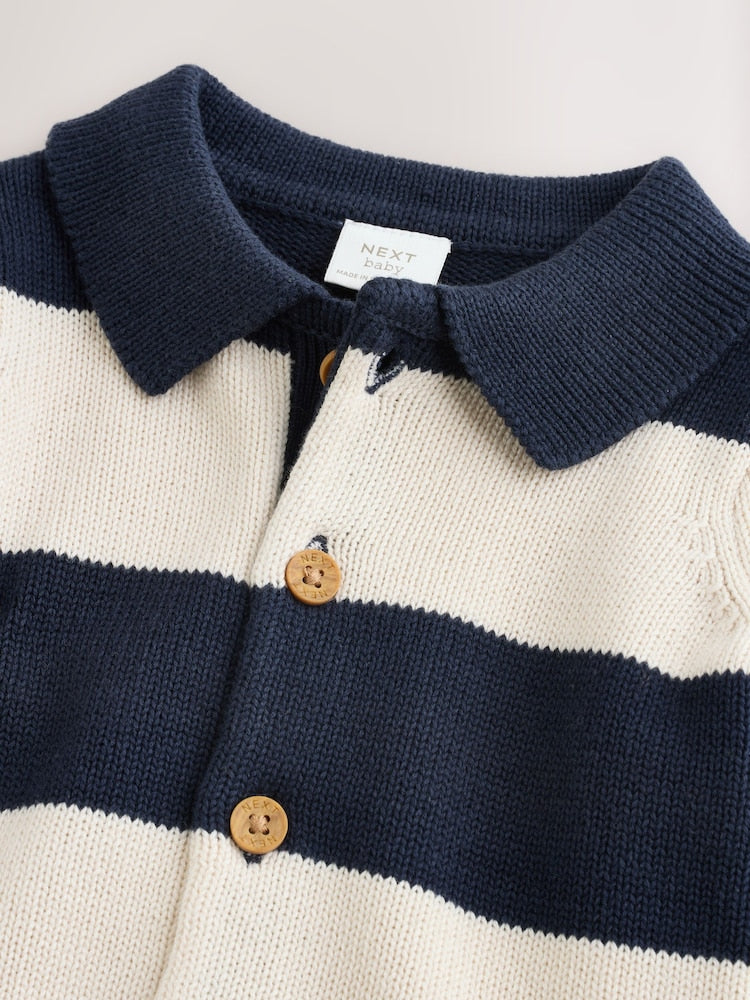 Navy Blue Baby Knitted Striped Cardigan With Collar (0mths-2yrs)