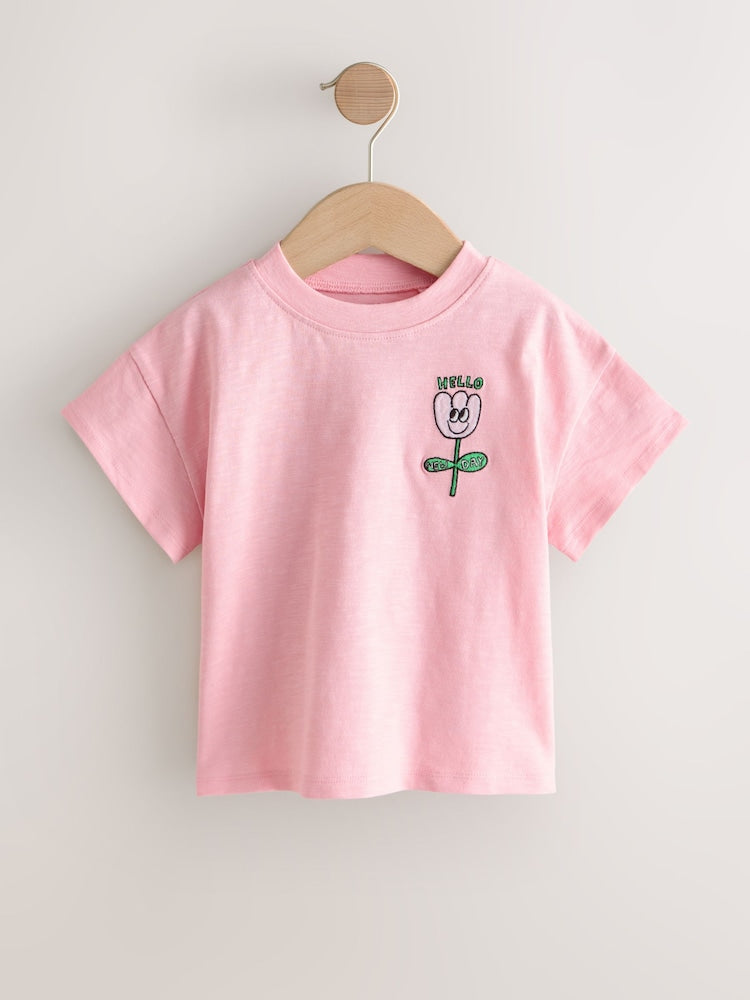 Pink Flower Short Sleeve Embroidered T-Shirt (3mths-7yrs)