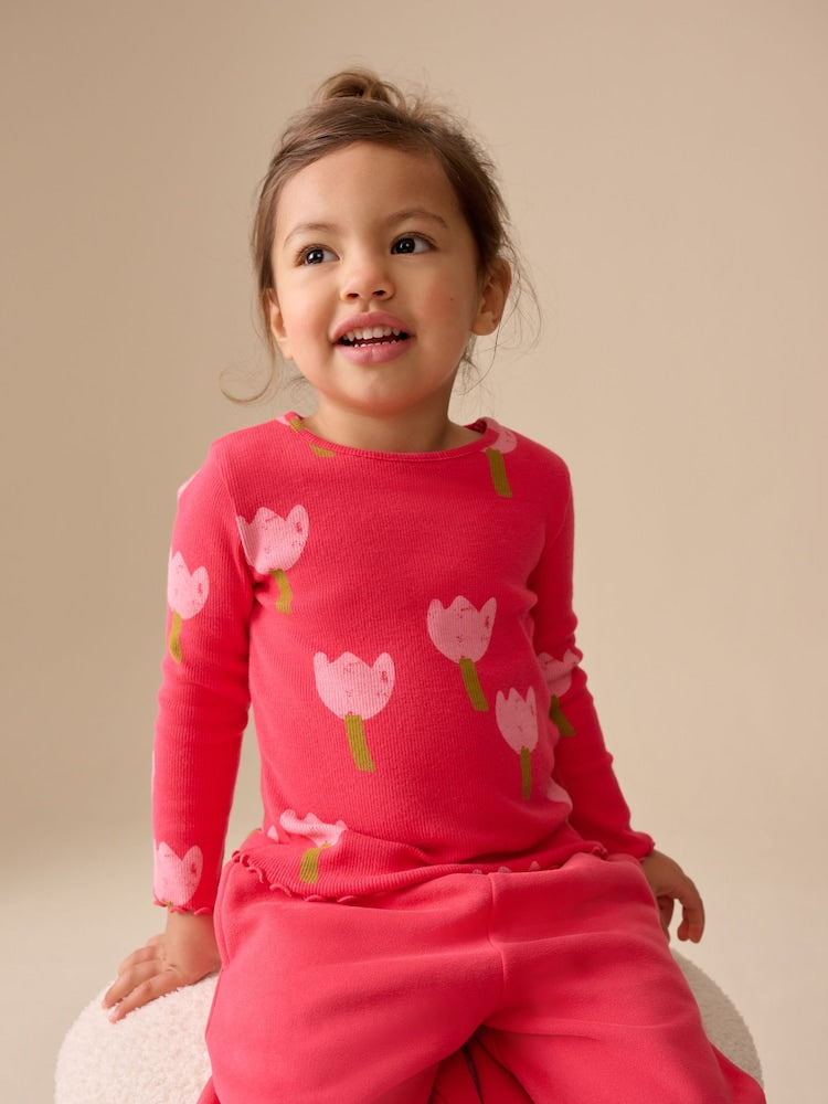 Pink/Red Flower Rib Long Sleeve T-Shirt (3mths-7yrs)