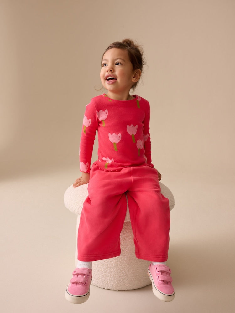 Pink/Red Flower Rib Long Sleeve T-Shirt (3mths-7yrs)