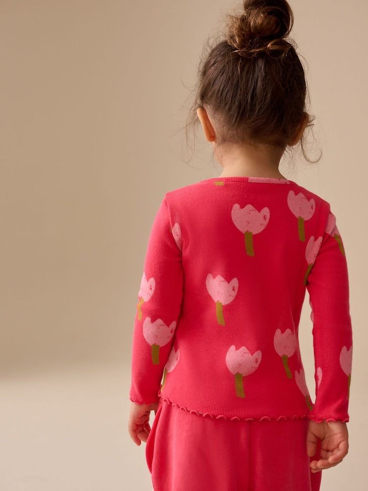 Pink/Red Flower Rib Long Sleeve T-Shirt (3mths-7yrs)