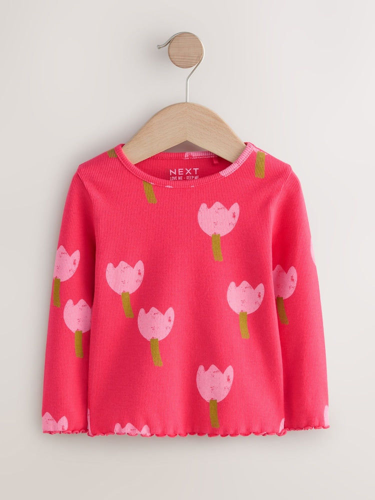 Pink/Red Flower Rib Long Sleeve T-Shirt (3mths-7yrs)