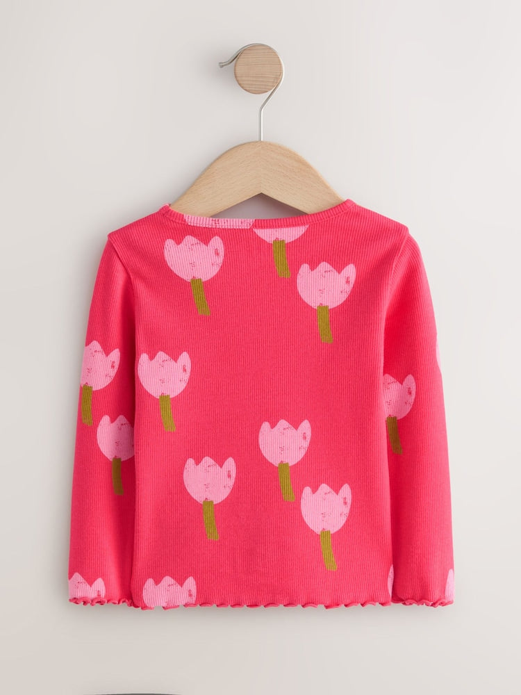Pink/Red Flower Rib Long Sleeve T-Shirt (3mths-7yrs)