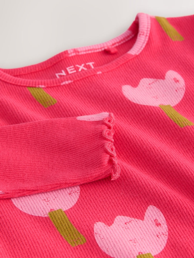 Pink/Red Flower Rib Long Sleeve T-Shirt (3mths-7yrs)