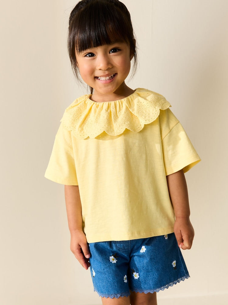 Yellow Short Sleeve Broderie Collar Top (3mths-7yrs) - Yellow / 12-18 Months (80-86cm)