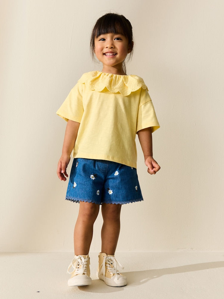 Yellow Short Sleeve Broderie Collar Top (3mths-7yrs)