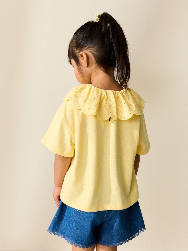Yellow Short Sleeve Broderie Collar Top (3mths-7yrs)