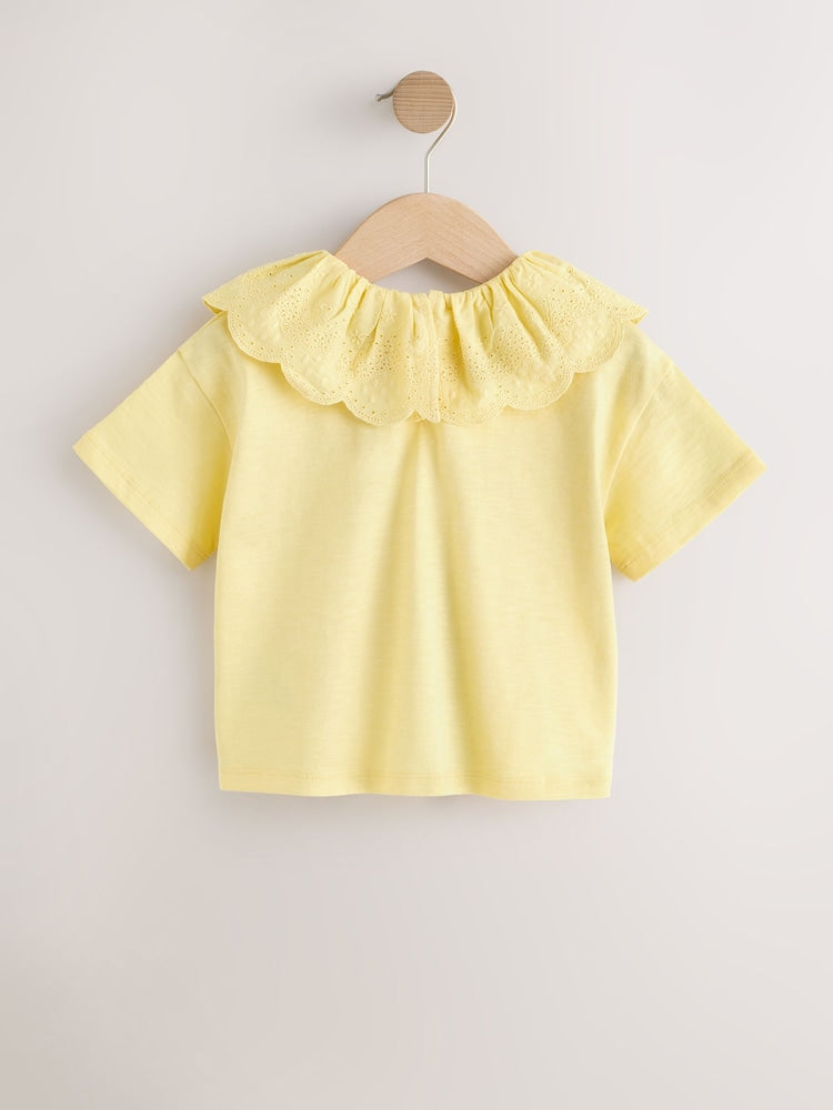 Yellow Short Sleeve Broderie Collar Top (3mths-7yrs)