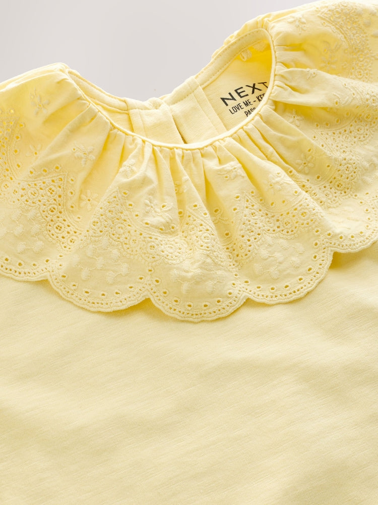 Yellow Short Sleeve Broderie Collar Top (3mths-7yrs)