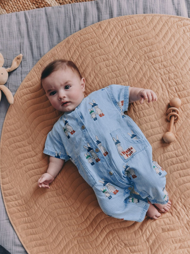 Blue Denim Rabbit Print Short Sleeve Baby Romper (0mths-3yrs) - Size Up to 1 Month (56cm)