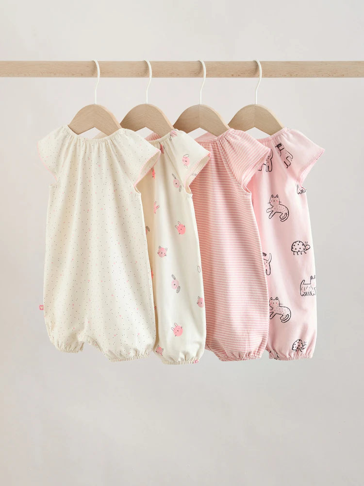 Pink Character All Over Printed Button Through Jersey Baby Rompers 4 Pack