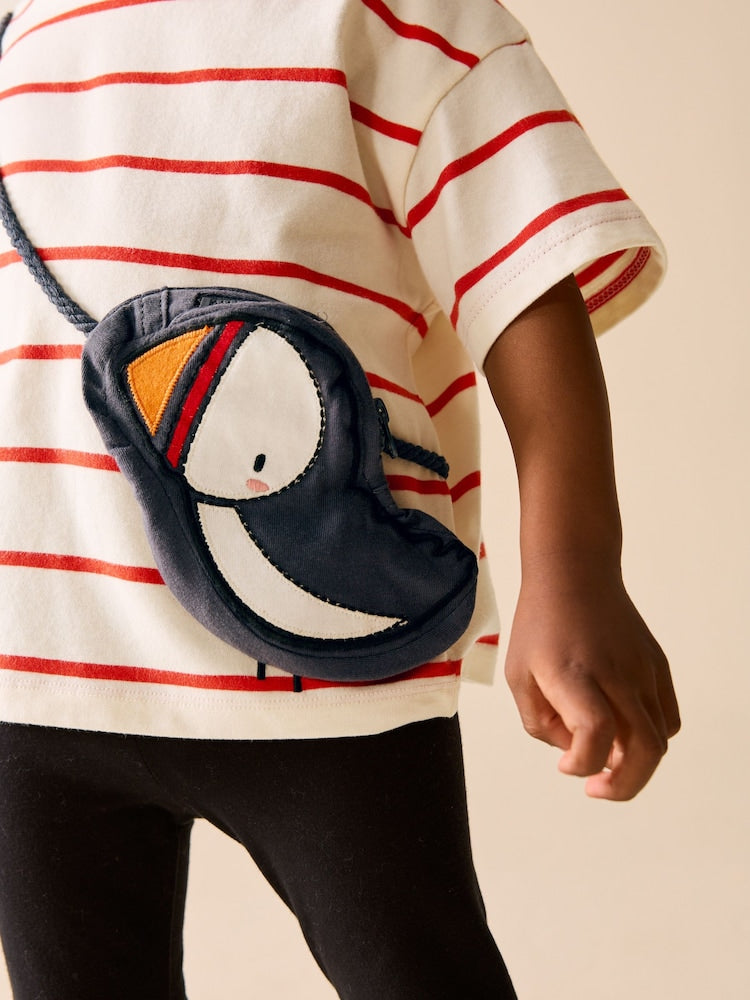 Ecru/Red Stripe Puffin Short Sleeve Bag T-Shirt (3mths-7yrs)