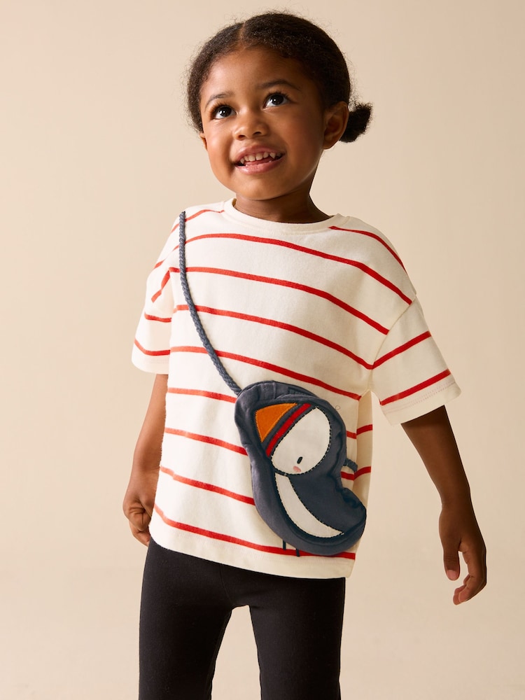 Ecru/Red Stripe Puffin Short Sleeve Bag T-Shirt (3mths-7yrs)