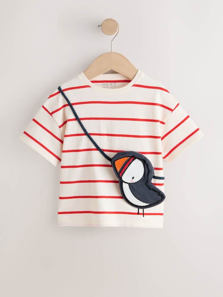 Ecru/Red Stripe Puffin Short Sleeve Bag T-Shirt (3mths-7yrs)