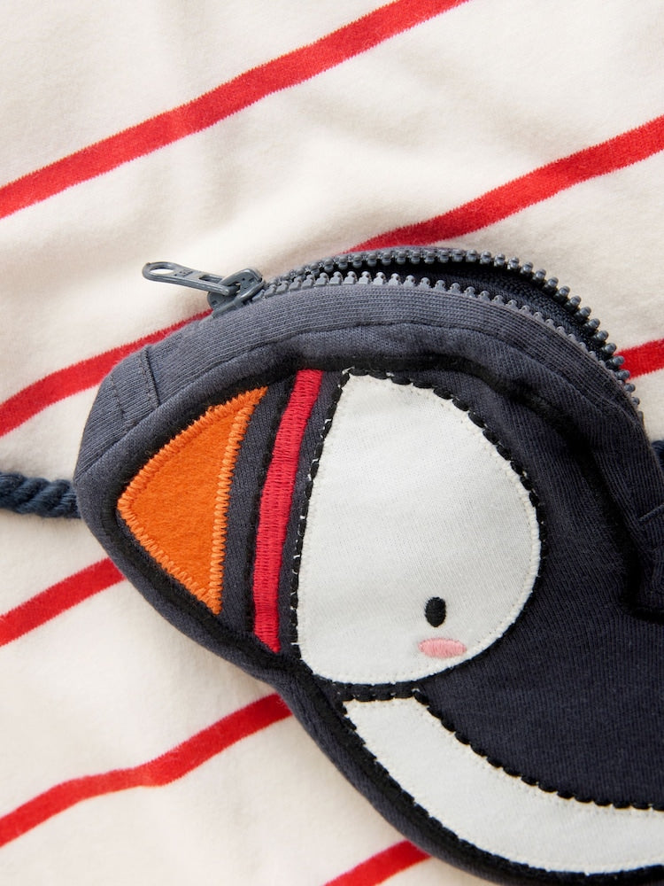 Ecru/Red Stripe Puffin Short Sleeve Bag T-Shirt (3mths-7yrs)