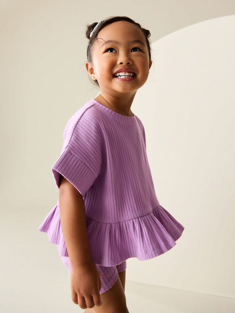 Lilac Purple Short Sleeve Ribbed Top and Shorts Set (3mths-7yrs)