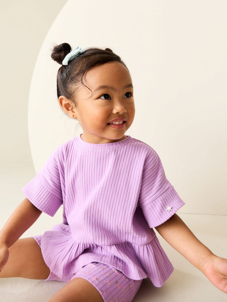 Lilac Purple Short Sleeve Ribbed Top and Shorts Set (3mths-7yrs)