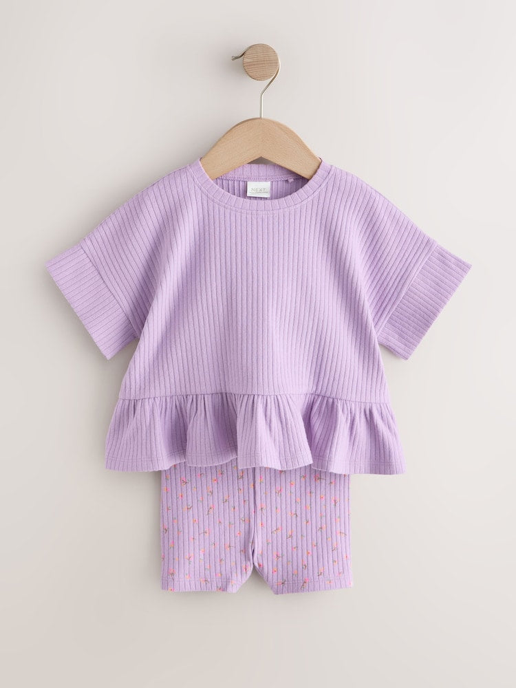 Lilac Purple Short Sleeve Ribbed Top and Shorts Set (3mths-7yrs)