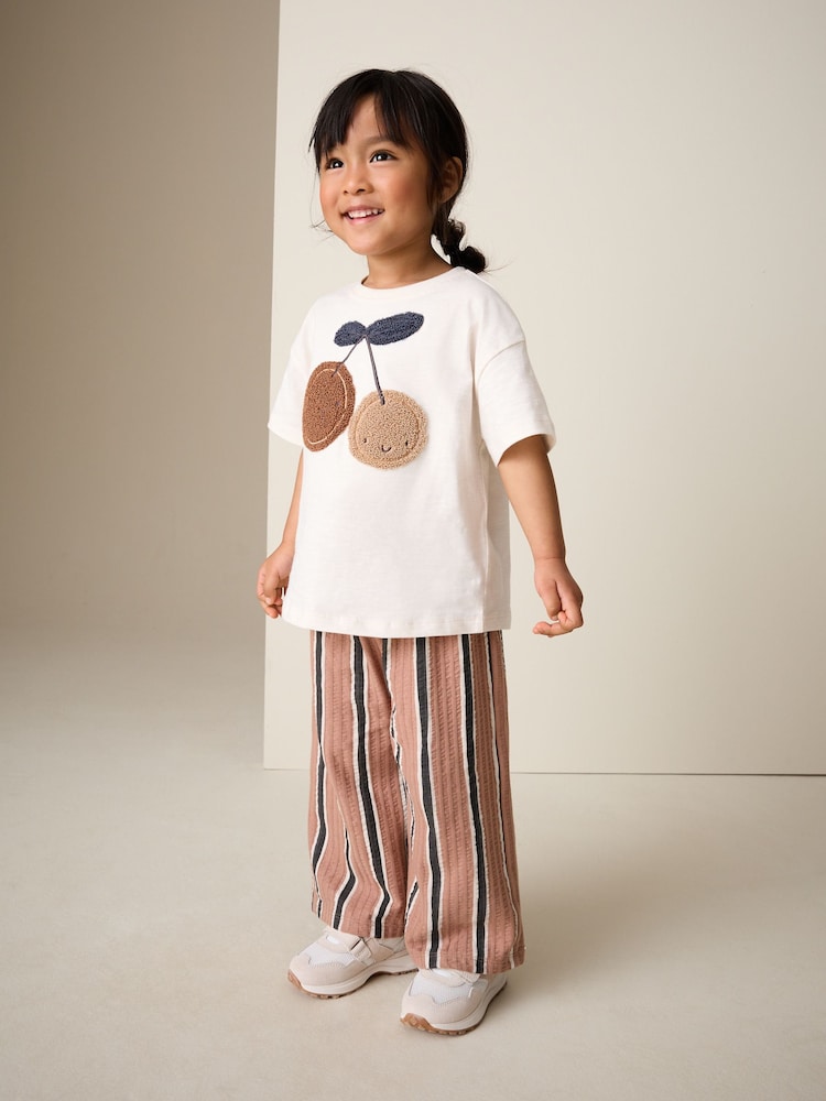 Ecru/ Brown Cherry Short Sleeve T-Shirt and Barrel Trousers Set (3mths-7yrs)