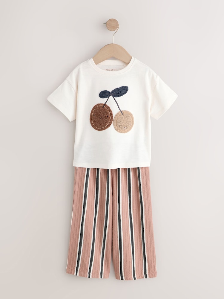 Ecru/ Brown Cherry Short Sleeve T-Shirt and Barrel Trousers Set (3mths-7yrs)
