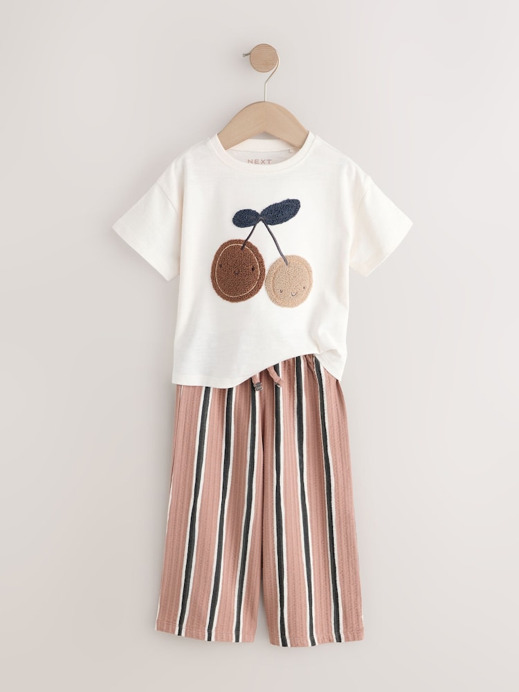 Ecru/ Brown Cherry Short Sleeve T-Shirt and Barrel Trousers Set (3mths-7yrs)