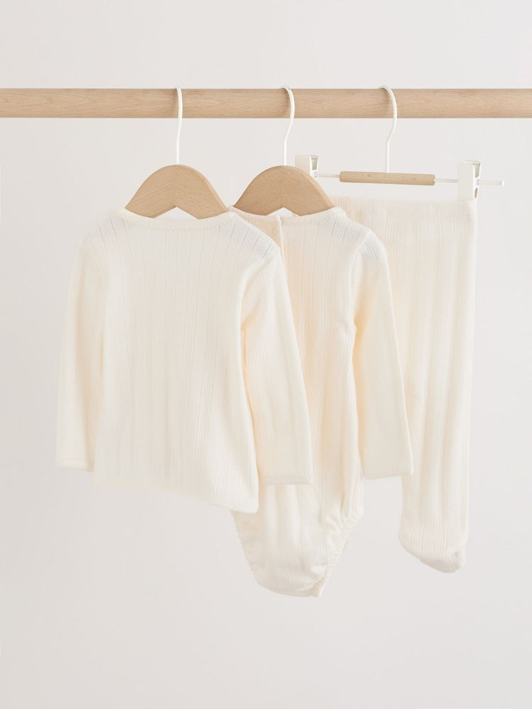 Ecru Pointelle Bodysuit Leggings And Cardigan Baby Set 3 Piece (0-9mths) - Size First Size (50cm)