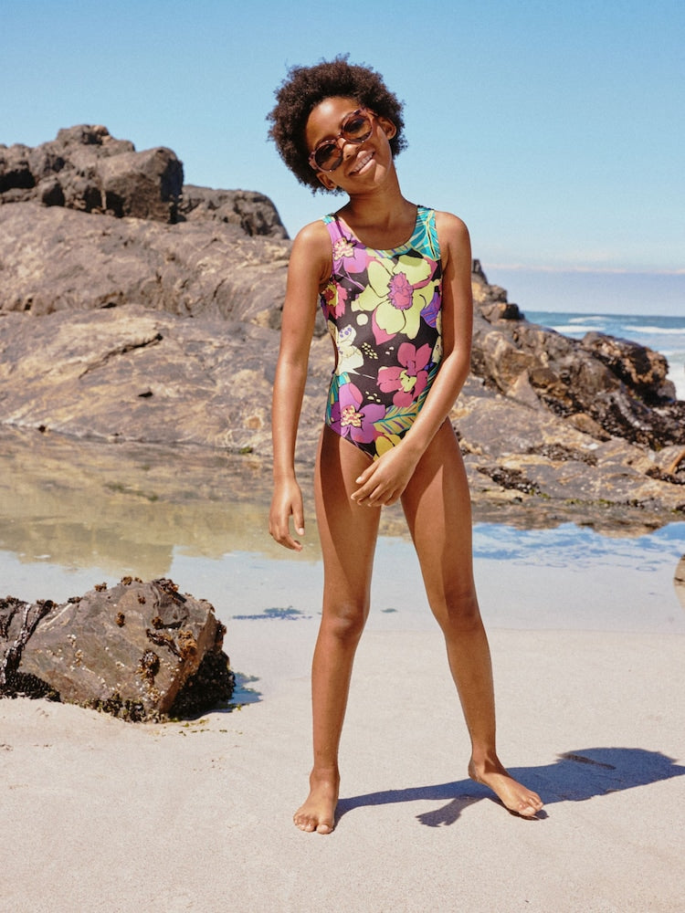 Black Tropical Cutout Swimsuit (3-16yrs)