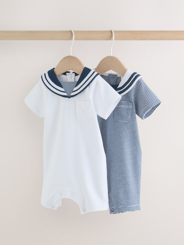 Blue Stripe Sailor Collar Jersey Baby Romper 2 Pack