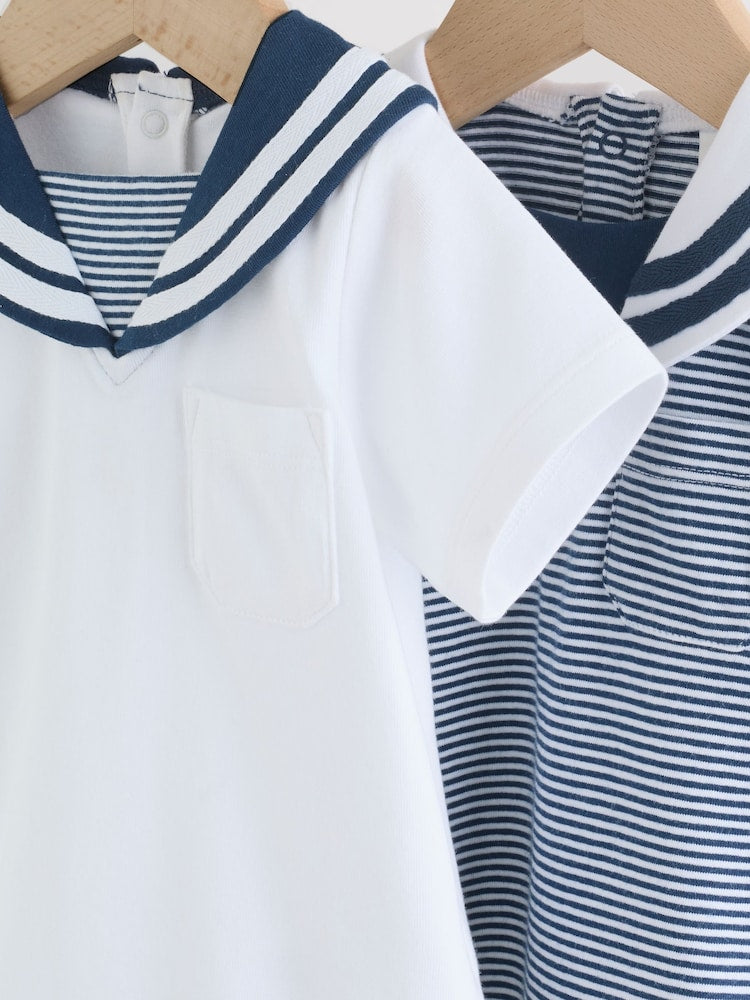 Blue Stripe Sailor Collar Jersey Baby Romper 2 Pack