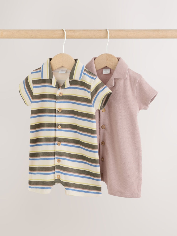 Khaki Green/Blue/Cream Stripe Jersey Collared Rompers Baby 2 Pack - Khaki Green/Blue/Cream Stripe / 12-18 Months (80-86cm)
