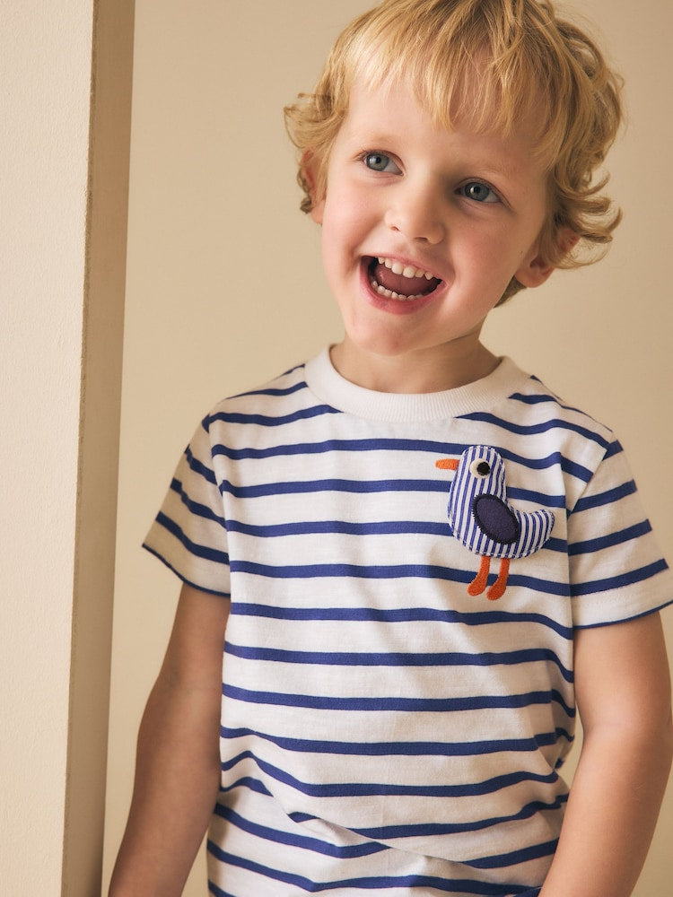 White/Blue Stripe Seagull Short Sleeve 3D Padded T-Shirt (3mths-7yrs)
