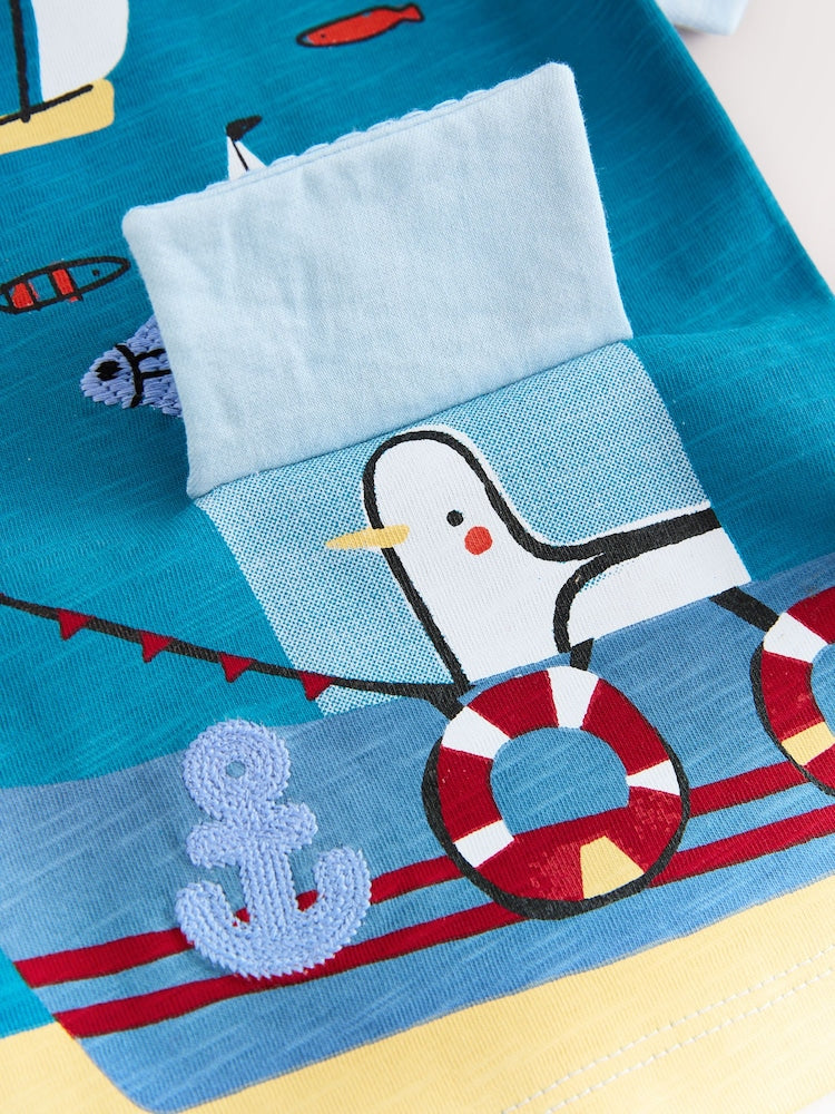 Blue Seaside Short Sleeve Appliqué T-Shirt (3mths-7yrs)