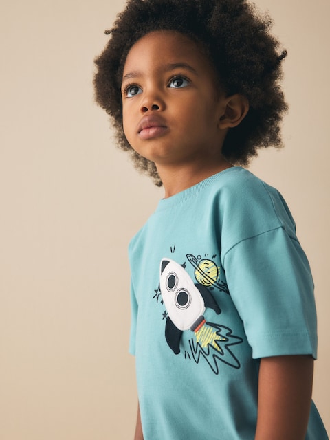 Blue Rocketship Short Sleeve Interactive T-Shirt (3mths-7yrs) - Size 3-6 Months (62-68cm)