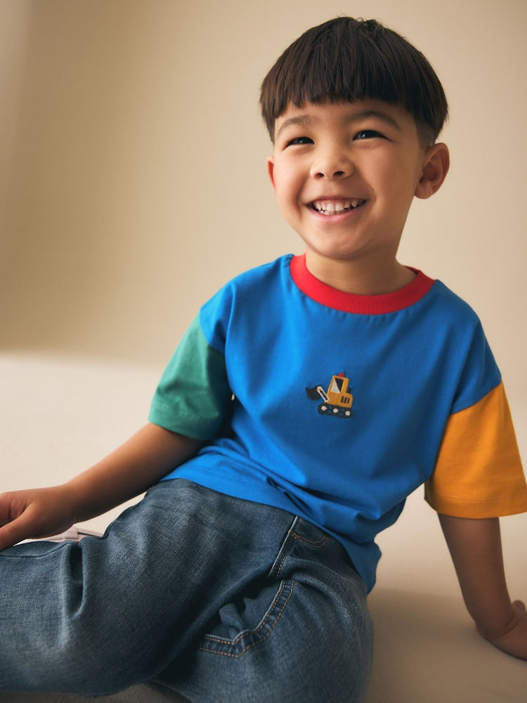 Blue/Green/Yellow Digger Short Sleeve Colourblock T-Shirt (3mths-7yrs) (3mths-7yrs)