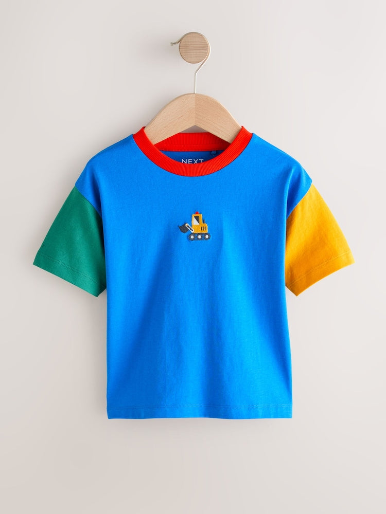 Blue/Green/Yellow Digger Short Sleeve Colourblock T-Shirt (3mths-7yrs) (3mths-7yrs)