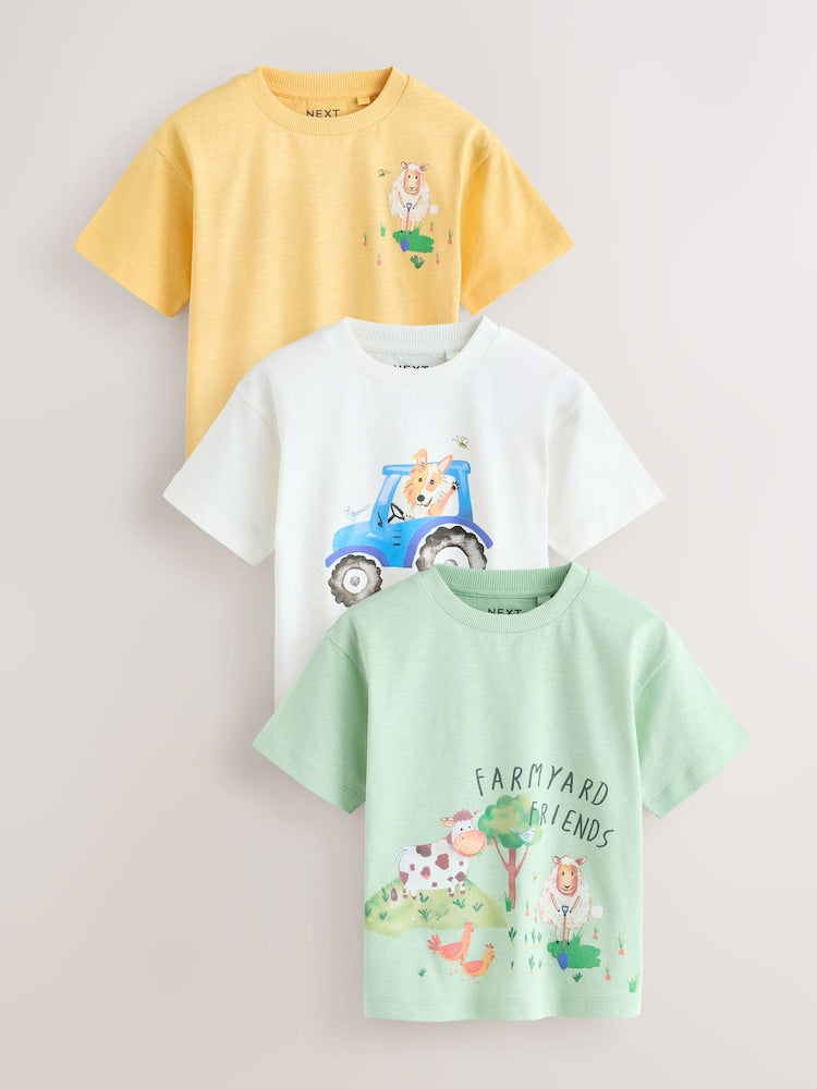 Green Watercolour Farm Short Sleeve Graphic T-Shirts 3 Pack (3mths-7yrs)