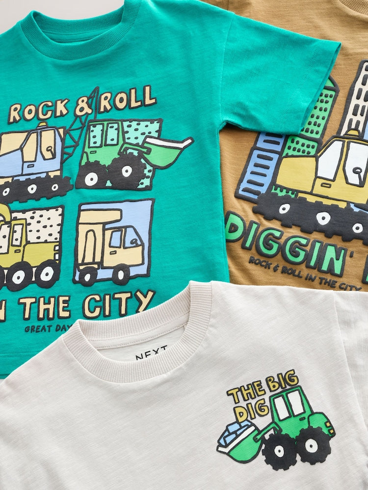 Teal Blue Digger Short Sleeve Graphic T-Shirts 3 Pack (3mths-7yrs)