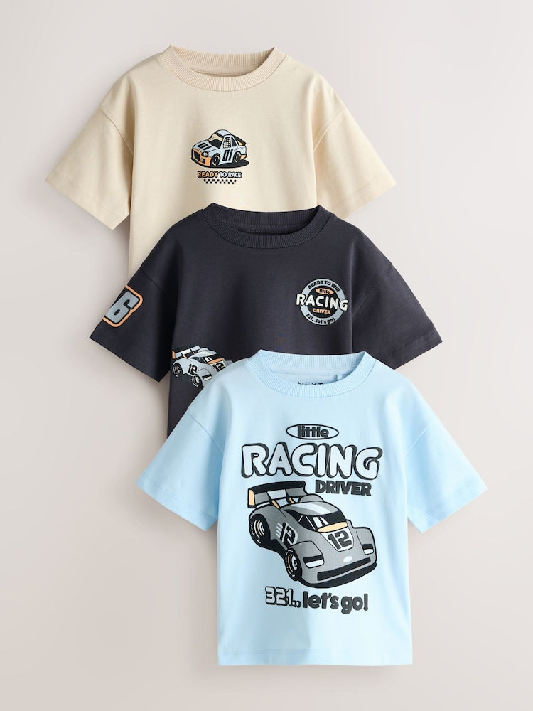 Black/Grey Race Car Short Sleeve Graphic T-Shirts 3 Pack (3mths-7yrs)
