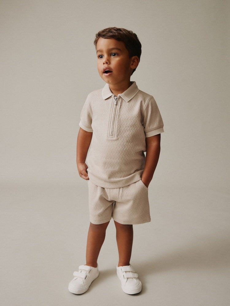 Neutral Zip Neck Short Sleeve Polo Shirt And Shorts Set (3mths-7yrs)