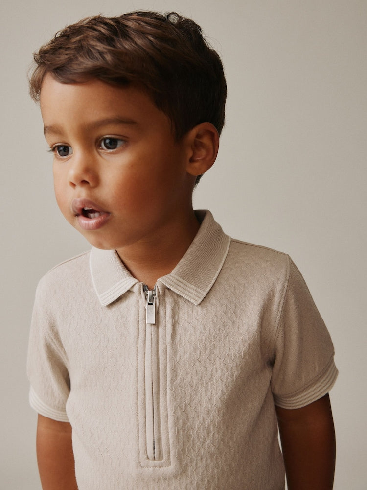 Neutral Zip Neck Short Sleeve Polo Shirt And Shorts Set (3mths-7yrs)