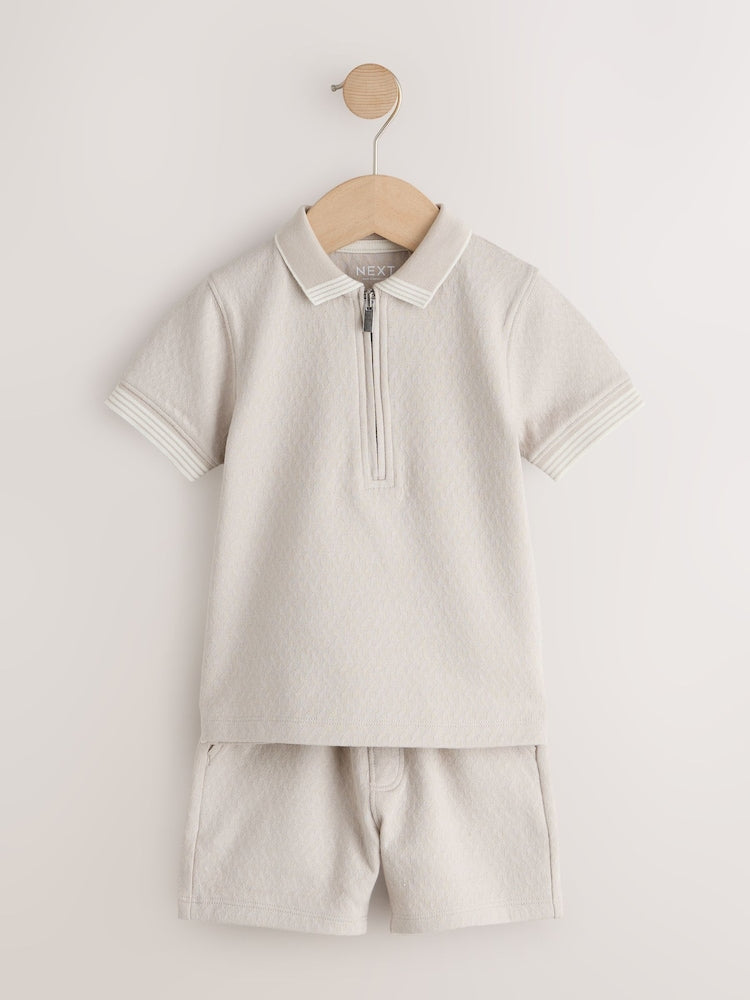 Neutral Zip Neck Short Sleeve Polo Shirt And Shorts Set (3mths-7yrs)