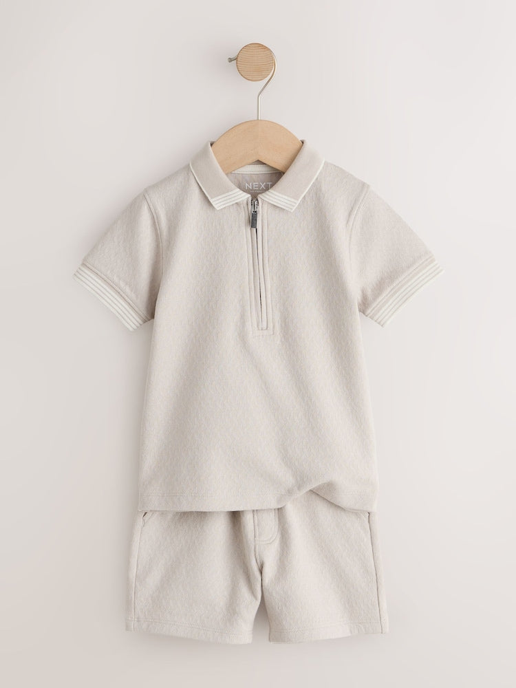 Neutral Zip Neck Short Sleeve Polo Shirt And Shorts Set (3mths-7yrs)