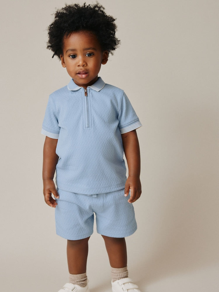 Blue Zip Neck Short Sleeve Polo Shirt And Shorts Set (3mths-7yrs)