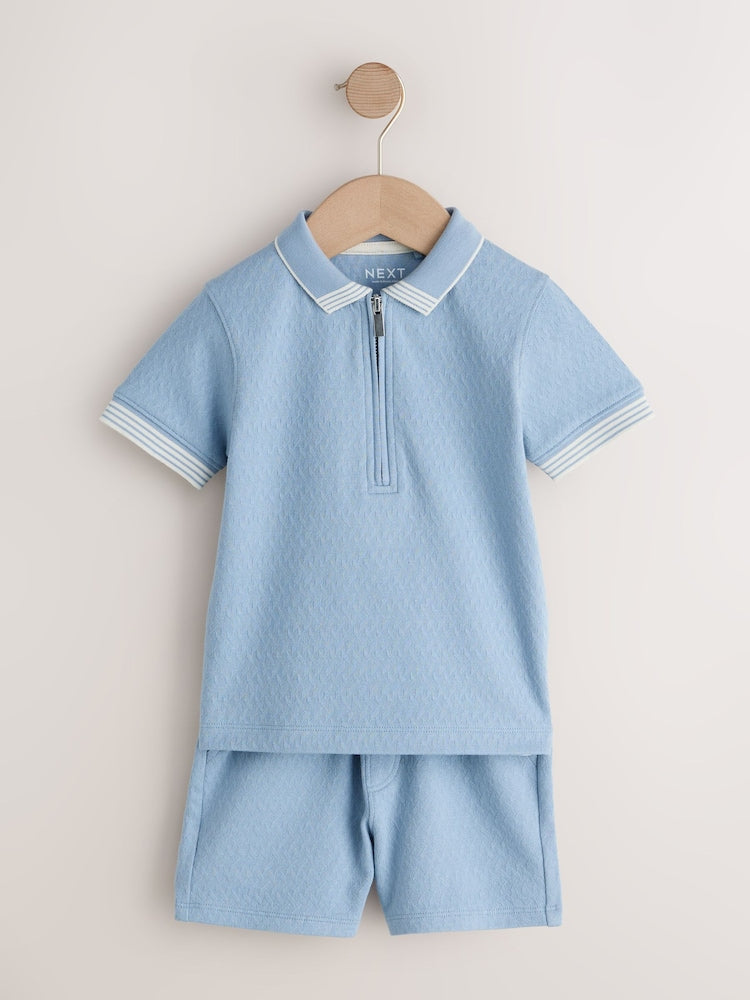 Blue Zip Neck Short Sleeve Polo Shirt And Shorts Set (3mths-7yrs)