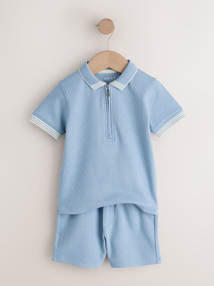 Blue Zip Neck Short Sleeve Polo Shirt And Shorts Set (3mths-7yrs)