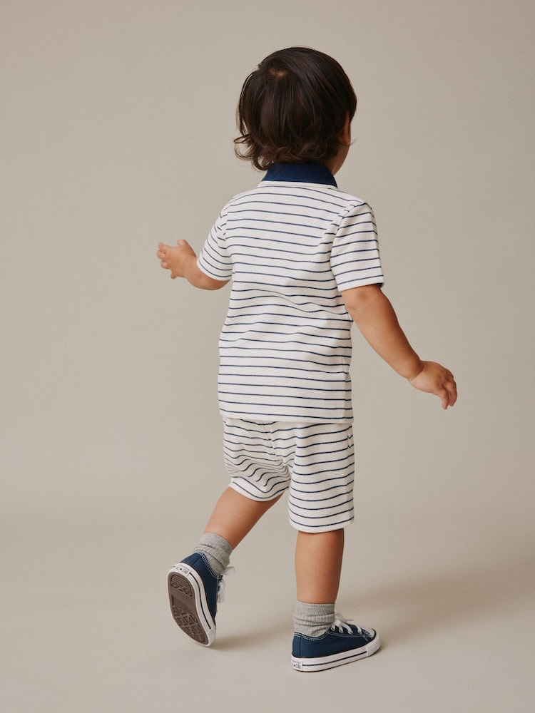 Navy/White Stripe Zip Neck Short Sleeve Polo Shirt And Shorts Set (3mths-7yrs)