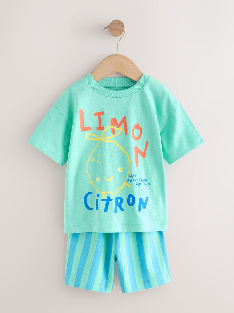 Green/White Food Backprint Short Sleeve T-Shirt and Shorts Set 2 Pack (3mths-7yrs)