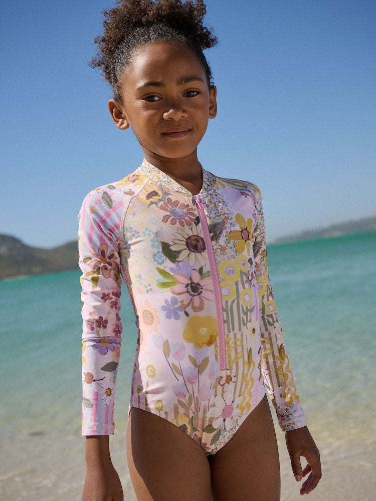 Pink Patchwork Floral Long Sleeve Sunsafe Swimsuit (3mths-16yrs) - Size 3-6 Months (62-68cm) - Pink Patchwork Floral Long Sleeve Sunsafe